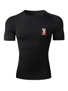 Men's Fitness Icon Print Short Sleeve Compression Shirt, Gym Workout Fitness Running T-Shirt Tees, Tight-Fitting Sporty Rash Guard Baselayers Undershirts, Summer Quick-Dry Breathable Round Neck Shirt