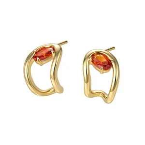 Aurem 14K Gold Plated Sculptural Wave Earrings for Women, Oval Cut Tangerine Orange CZ Stud Earrings, Geometric Fluid Line Statement Jewelry