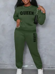 Women's Queen Letter Print Casual Loose Fit Sportswear Set, Round Neck Long Sleeve Pullover & Pants, Fall & Winter Fashion, Streetwear Tracksuit Set, Activewear Set