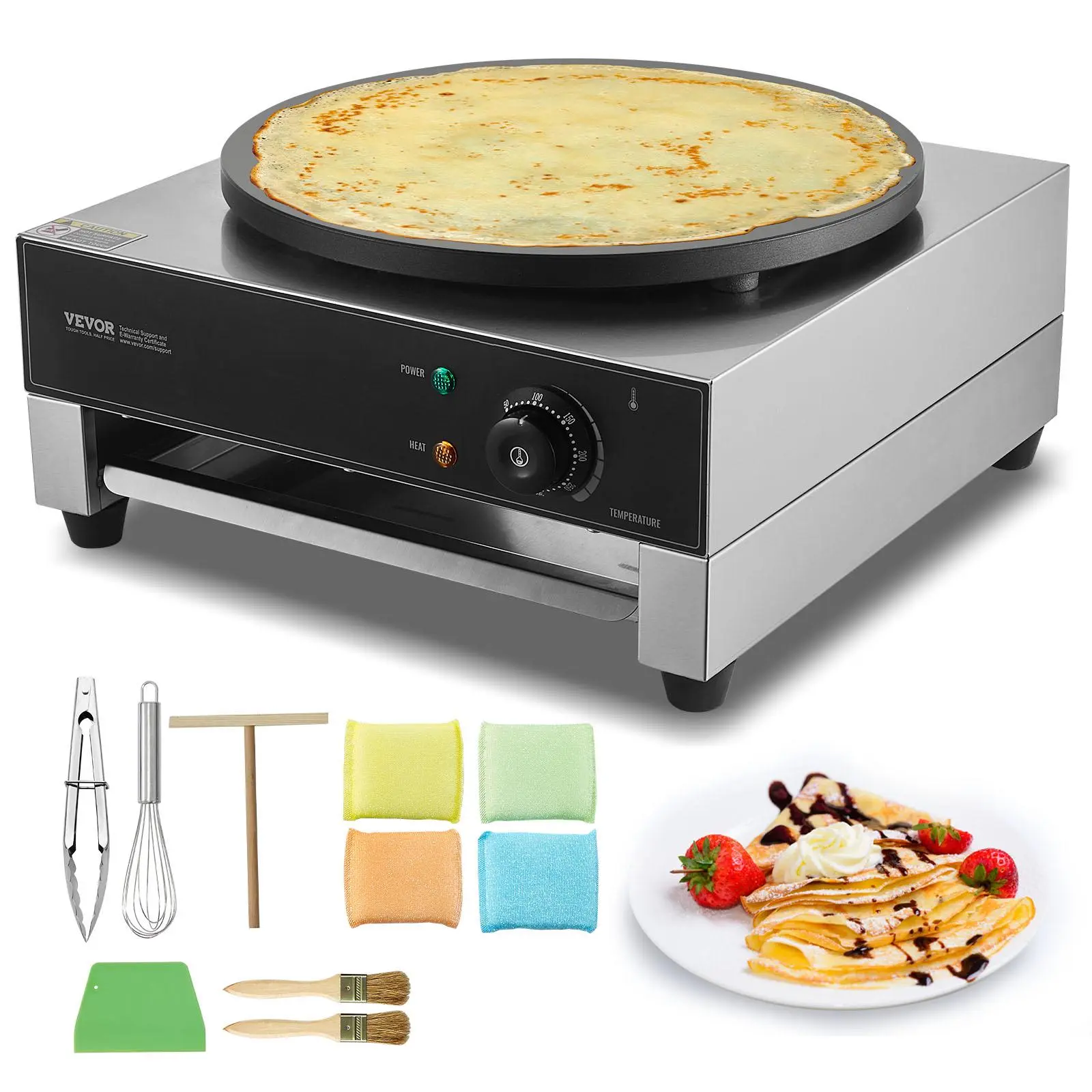 【summerfinds】VEVOR Electric Crepe Maker, 16-Inch Commercial Crepe Machine, 1700W Flat Plate Crepe Griddle, Nonstick Stainless Steel Pancake Making Machine, Desktop Circular Cereals Pancake Stove with Temp Control