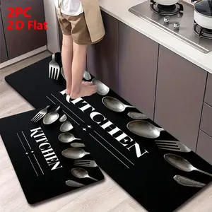 2/3pcs Soft Flannel Kitchen Mat Set, Kitchen Runner Rug, Non-Slip Bottom, Absorbent, Retro Style, Home Decor for Bathroom, Laundry Room, Hallway,Black
