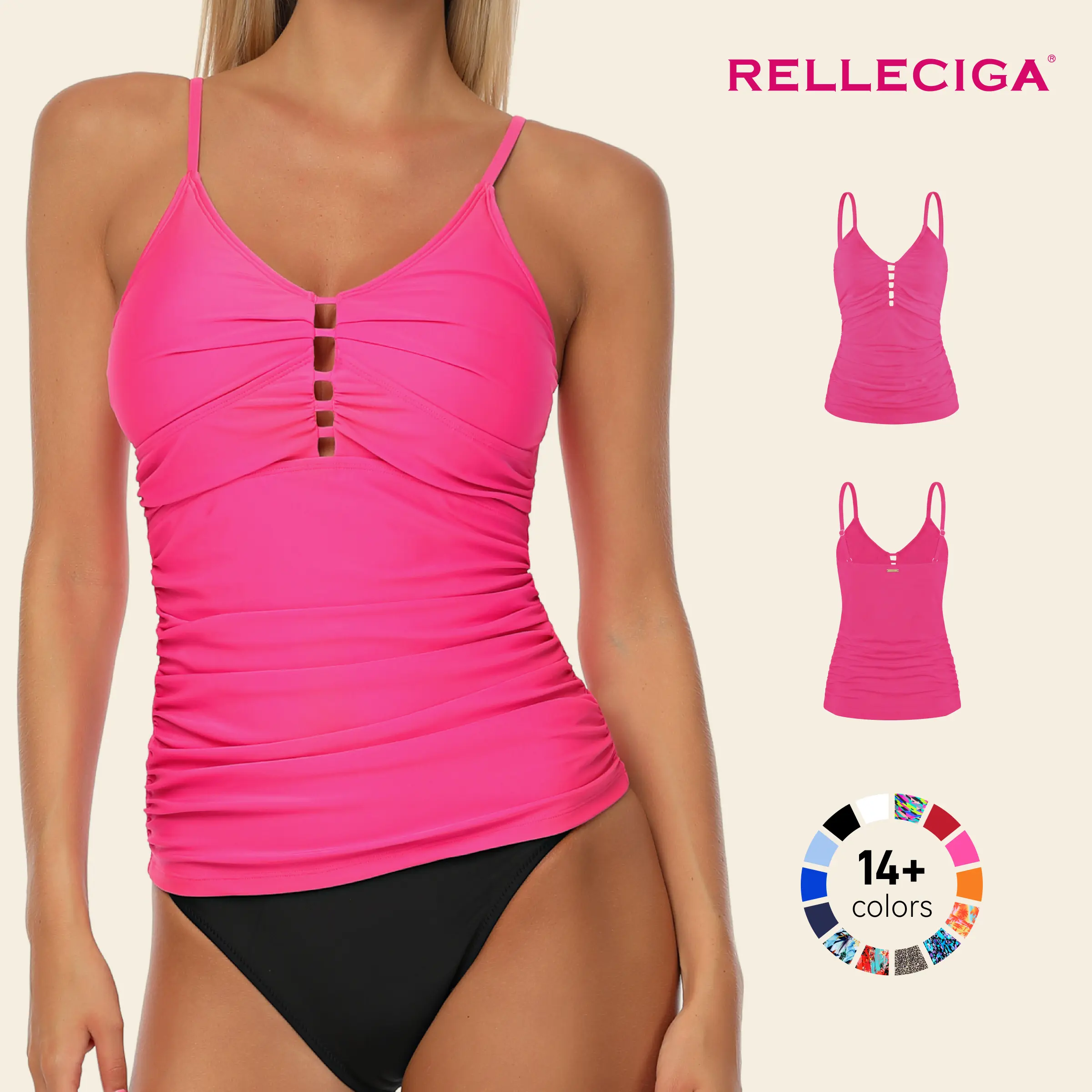 Flash Sale RELLCIGA Plus Size Tummy Control Ruched Tankini Top 2026 Summer Cutout Adjustable Straps Swimwear S-3XL Sizes, Beach Swimsuit Top, Swimming Top