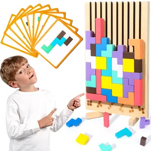 Wooden Stacking Toy Thick Bright 3D Russian Blocks Giant Tetris Board Game Stress Relief & Brain Teaser Game Educational Gift for Kids Birthday & Easter Gift Family Activity