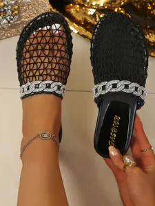 Fashion Mesh Rhinestone Chain Sandals, Peep Toe Mules, Breathable Hollow Design, Non-Slip Flat Sole, Perfect for Parties and Daily Wear, Summer Essential