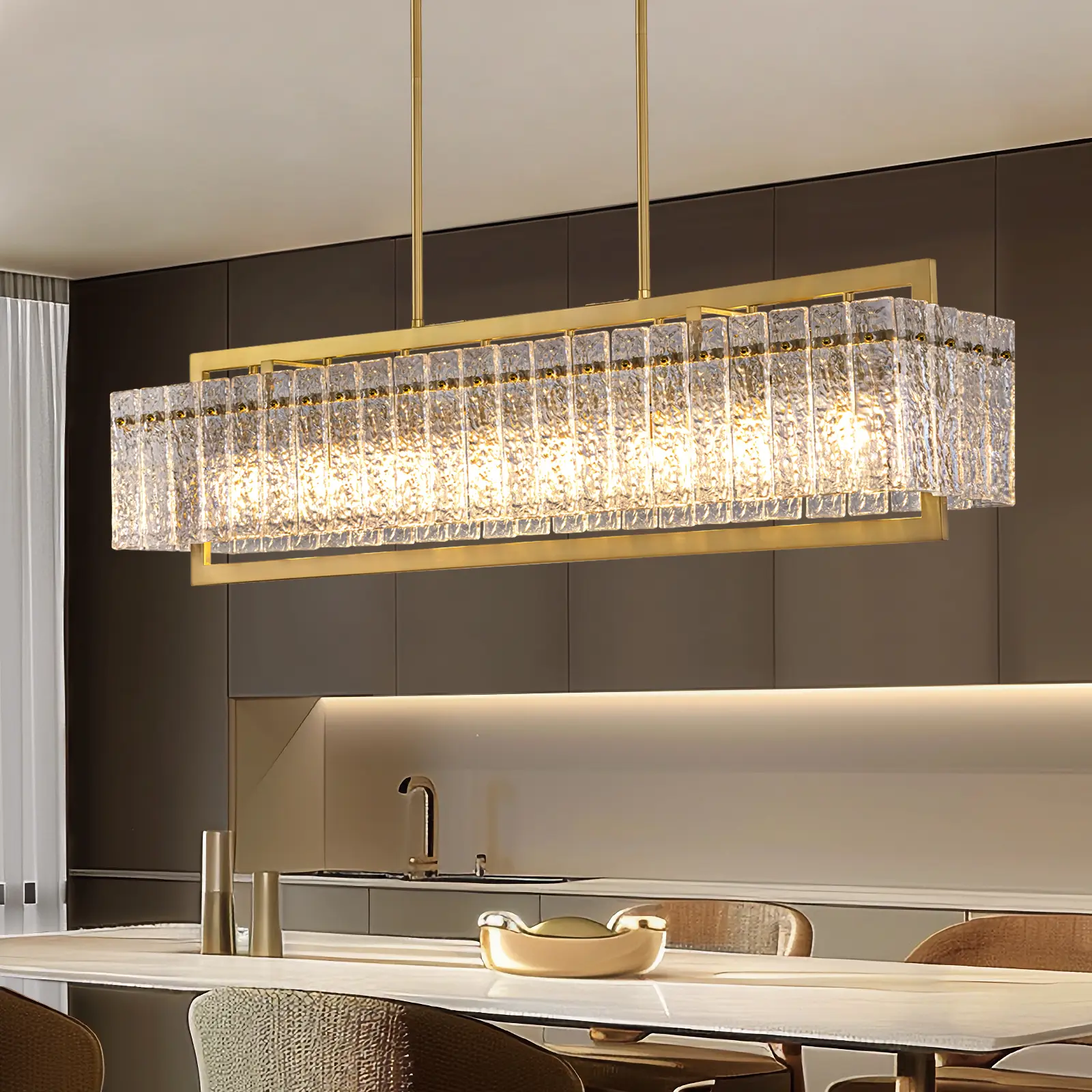 L47“/41.3“ Mornden Gold Rectangle Crystal Chandelier Large Golden Crystal Chandelier for Dining Room Hotel Kitchen Island Dimmable Height Adjustable summervibes Home Decor Light