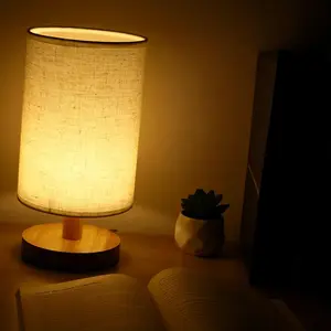 Small Bedroom Table Lamp with Linen Shade, Wooden Base Nightstand Lamp for Reading in Bedroom, Living Room or Office, Includes LED Bulb, Indoor Lighting