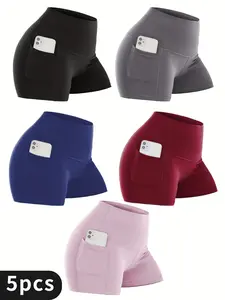 5PCS Women's Back To School High Waist Pocket Sports Shorts, Solid Cycling Shorts with Phone Pockets, Gym Shorts, High Stretch Skinny Biker Shorts, Gym Clothes, Quick Drying Yoga Workout Leggings, Fitness Sportswear Bottoms, Gym Clothing, Workout Shorts