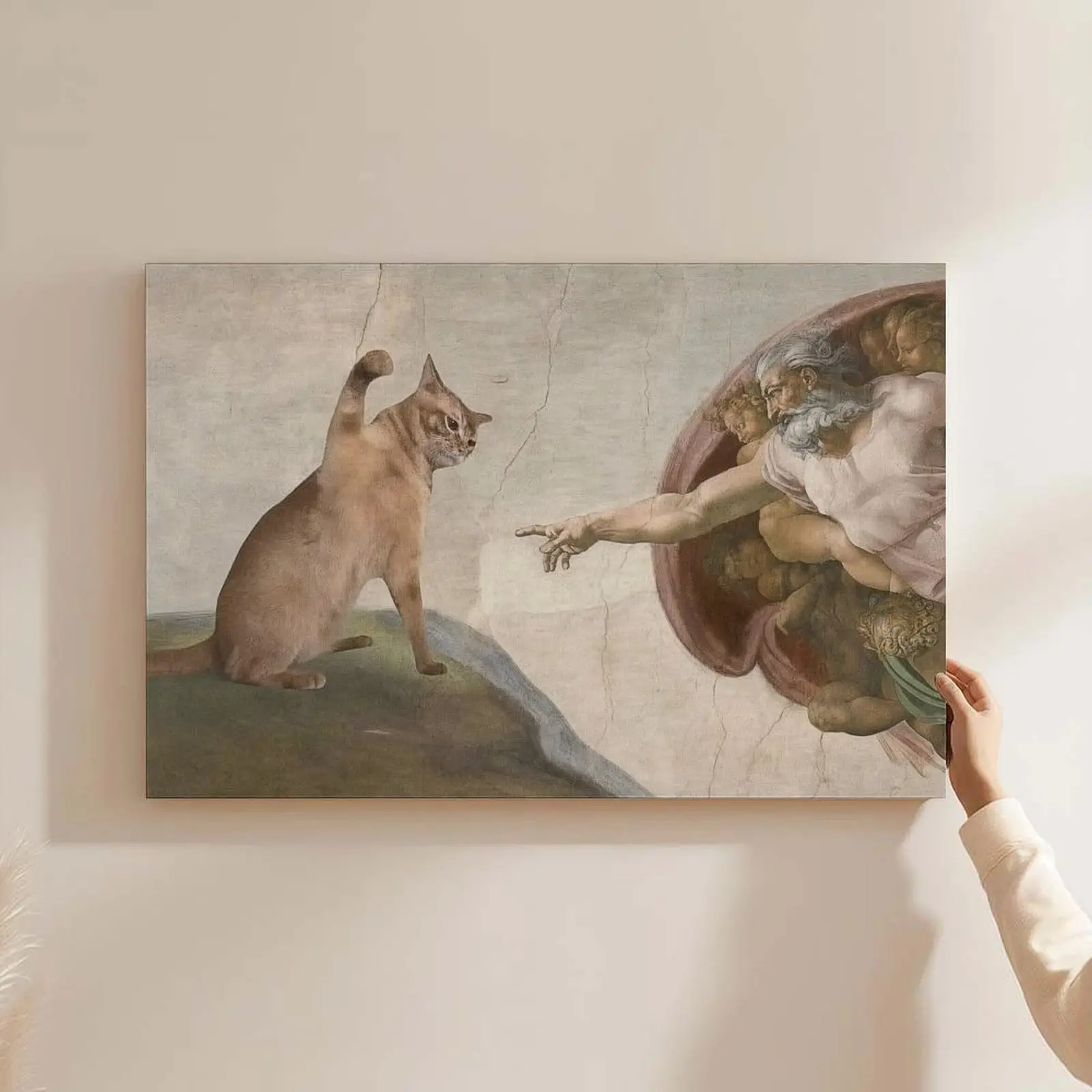 The Creation of Cat Canvas Wall Art Michelangelo Famous Painting Altered Art Poster Funny Renaissance Masterpiece Print Picture Decor for Living Room Bedroom School Workspace Trendy Poster Animal Wall Art