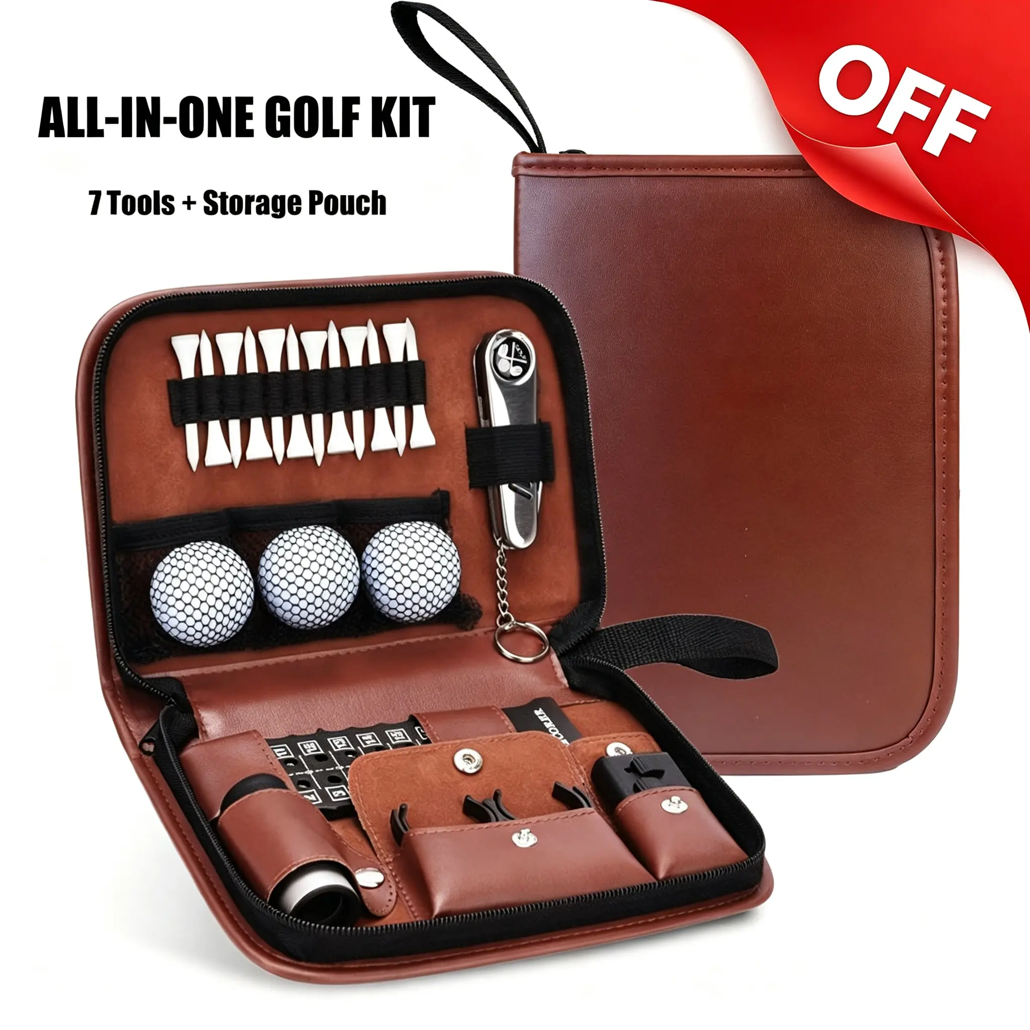 Golf Gift Set | Includes a premium leather carrying case containing a rangefinder, golf balls, a tee, a ball brush, a scorecard, and a repair kit. A unisex golf gift, perfect for Father's Day.