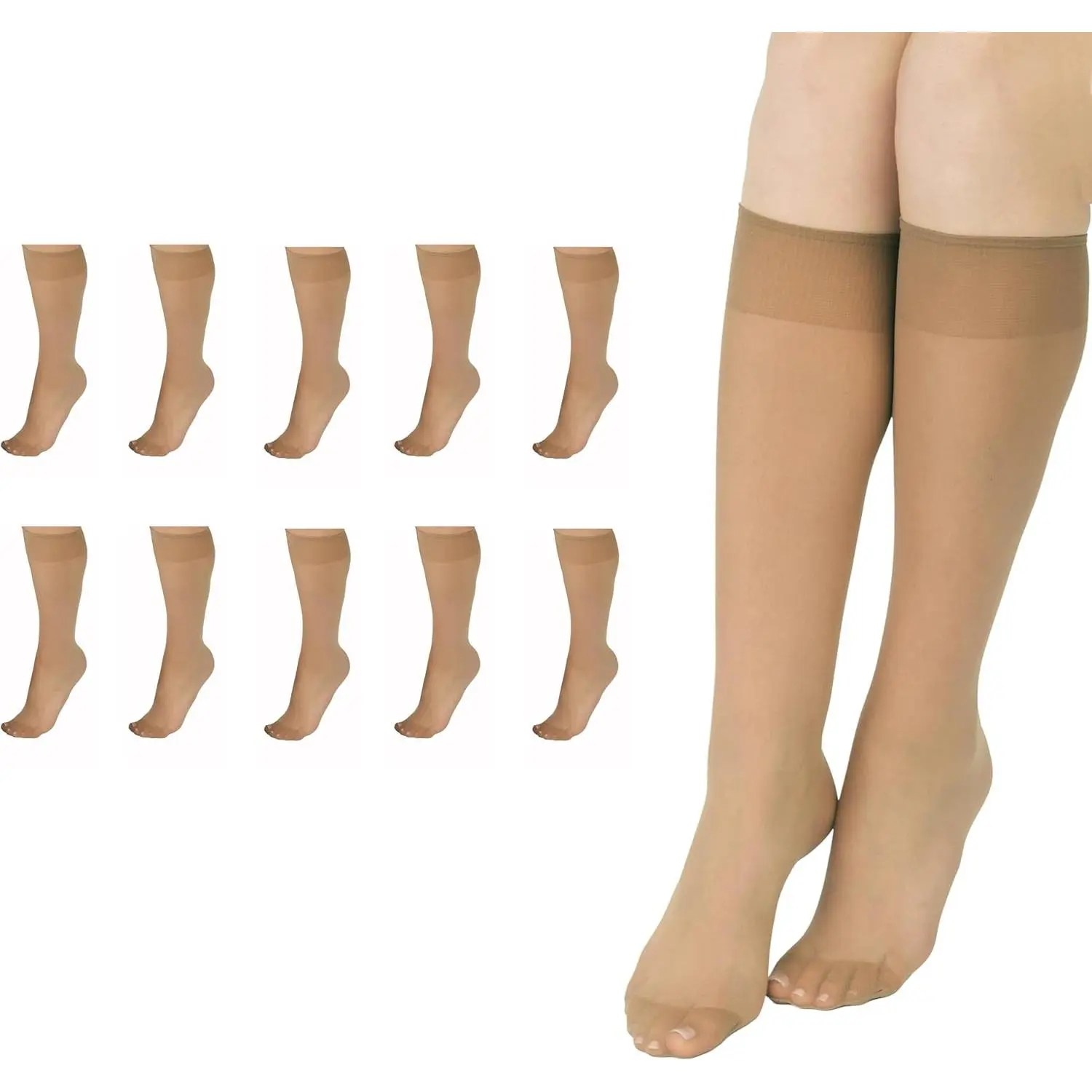 Women's Knee High Stockings, Reinforced Toe, 100% Nylon, One Size white sock solid leg warmer Thin Breathable ladies