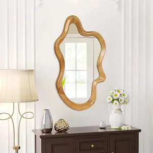 33.46"x22.24" Irregular Wall Mirror with Natural Wood Frame |   Asymmetrical Accent Mirror for Home Decor