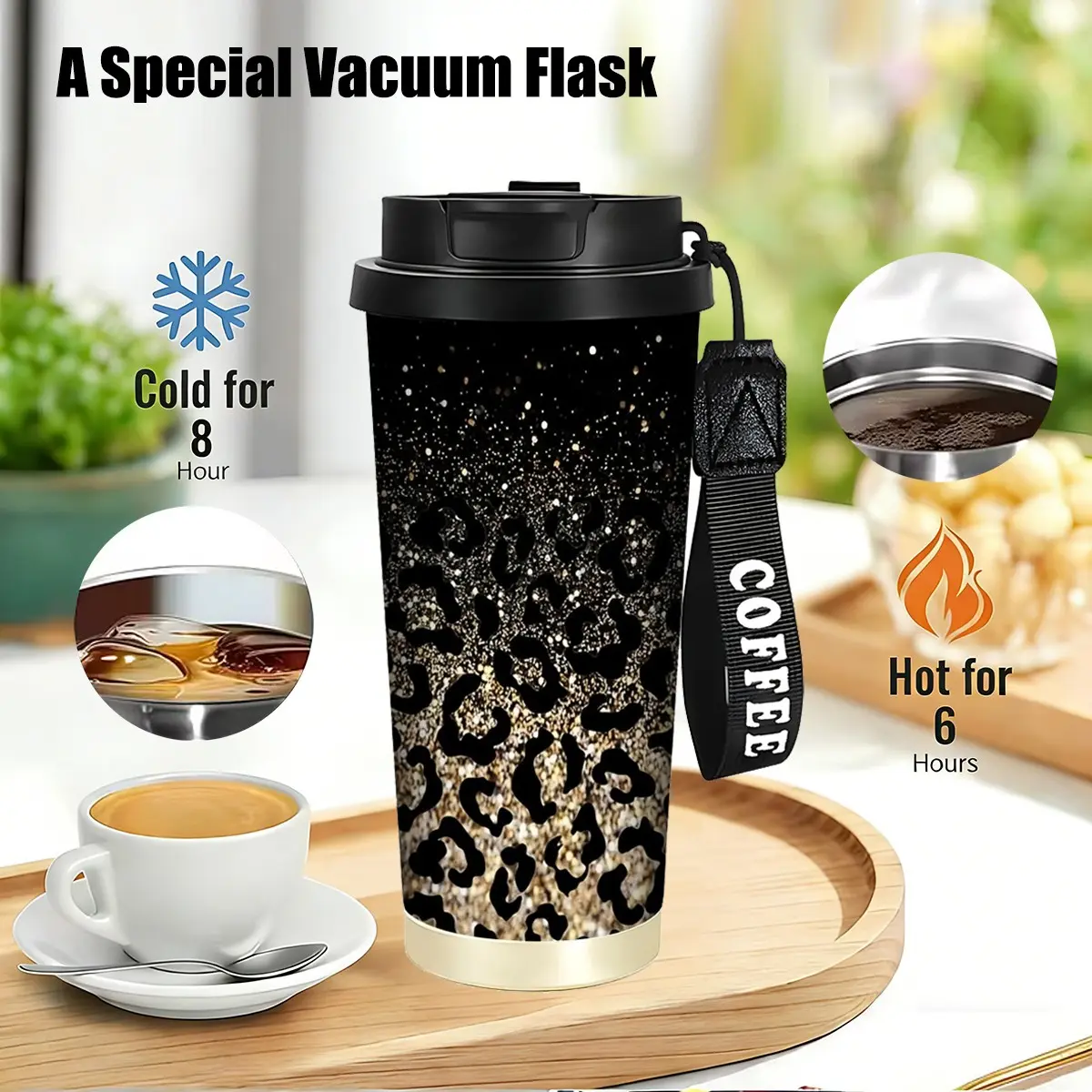 1 18oz stainless steel vacuum flask with lid and handle, black leopard pattern leak-proof travel cup, 316 stainless steel, suitable for outdoor, Insulated Travel Drinkware