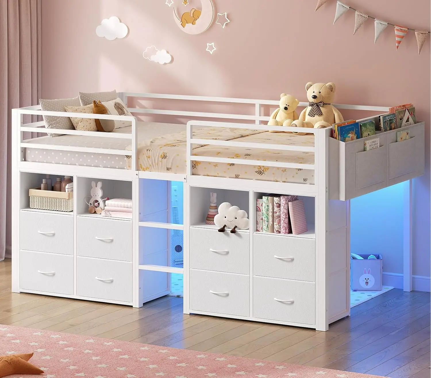 SIKAIC Twin Low Loft Bed with 8 Storage Drawers, Metal Loft Bed Frame with LED Lights & Bookcase, White SIKAIC Twin Low Loft Bed with 8 Storage Drawers, Metal Loft Bed Frame with LED Lights & Bookcase, White