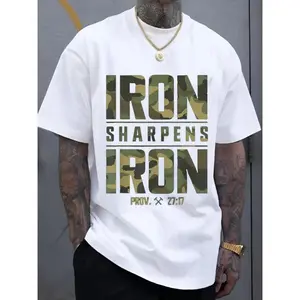 Men's Oversized 100% Cotton Graphic T-Shirt - Iron Sharpens Iron & Proverbs 27 17 Bible Verse Design Geometric Print Timeless Cotton Tee