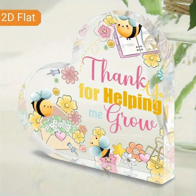 2D Flat, 1pc Acrylic Heart Shaped Decorative Ornament with Floral Bee Design Thank You for Helping Me Grow Message Teacher Appreciation, Graduation, Mother’s Day Gift Acrylic Plaque Desktop Decor for Home, Classroom, Office, Gratitude Expression