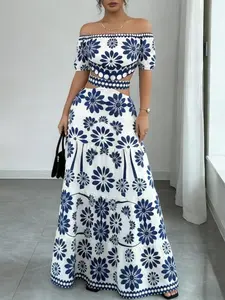 Boho Vacation Style One-Shoulder Blue Floral Short Top, Layered A-Line Long Skirt, Casual Daily Wear for Travel and Leisure