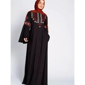 Women’s ethnic pattern embroidered abaya with flounce sleeves, modest long-sleeve round-neck maxi Muslim dress for daily wear, abayas for women, ladies’ Islamic clothing for all seasons
