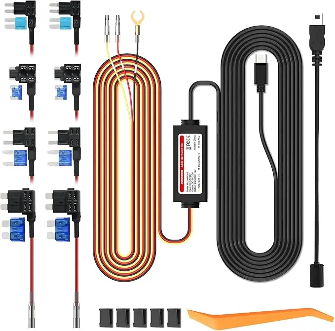 PRUVEEO Type C Dashcam Hardwire Kit for Dash Cam - Crowbar Automatic Power Supply, Regulator with Tap Cable, 8 Fuse Kits, 12V-30V to 5V/3A Conversion, Parking Mode Monitoring, Low Voltage Protection, LED Indicator, Car Models