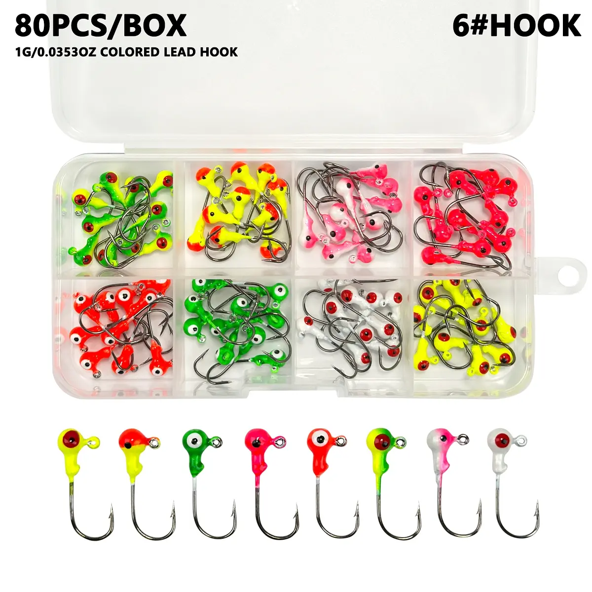 80 piece set of colorful 1g weighted fishing hook lead head hook, suitable for soft bait and Soft Fishing Worm - essential fishing equipment Tackle Kit Fishing Accessories Weighted Hooks Fishing Gear Supplies