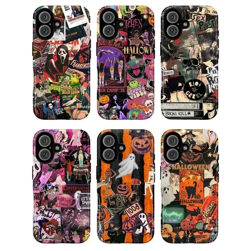 Halloween Collage Phone Case – Y2K Spooky Aesthetic with Ghosts, Witches, Pumpkins & Horror Posters Y1619 | Phone Case Compatible with iPhone 17 16 15 14 13 12 11 pro pro max & Samsung S26 S25 S24 S23 S22 Durable Protection Dual Layer Design Glossy