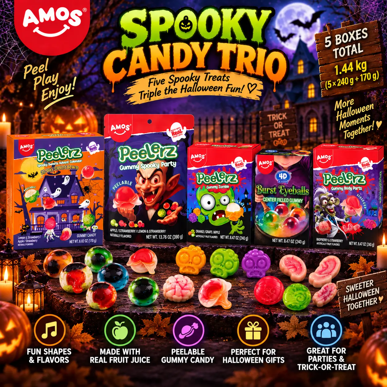 AMOS Halloween Candy Variety Pack, Peelerz Peelable Gummies & 4D Burst Eyeballs, 5-Pack Spooky Candy Gift Set for Trick or Treat & Parties