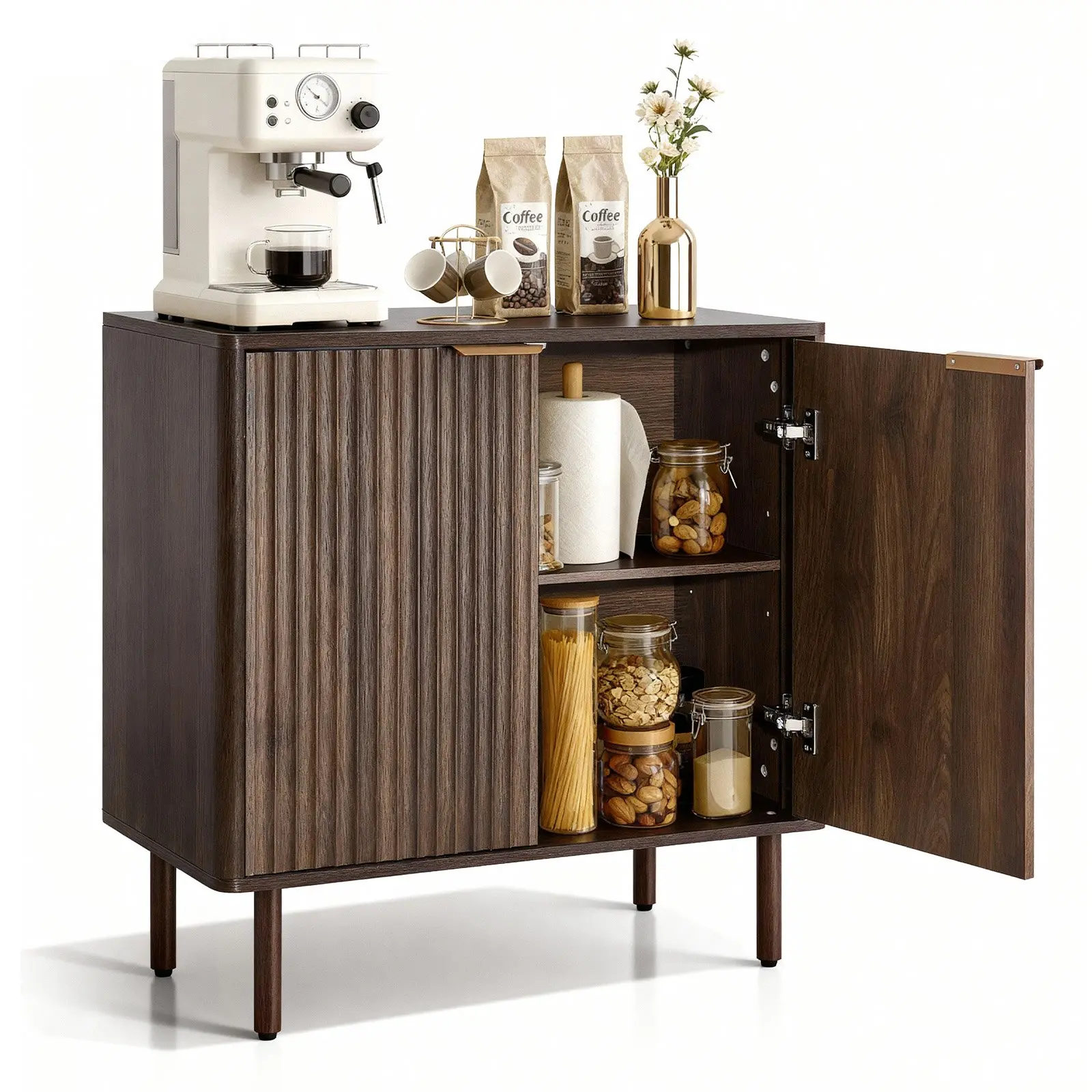 【Summerfinds】VEVOR Mid-Century Fluted Sideboard Cabinet, 31.5" Width, 2-Tier Storage Buffet Stand with Barn Door, Adjustable Shelves, Solid Legs, 31.5x14.7x31.5in Walnut (43.4lbs/19.7kg, 31.5x14.7x0.6in, 29.9x10.8x11.4in) for Living Room, Simple Assembly