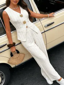 Two piece set with light mature Casual style stripes, fashionable new style V-neck sunflower button sleeveless waist cinched vest, niche design, striped two-piece set, suitable for summer, vacation, indoor, outdoor wear