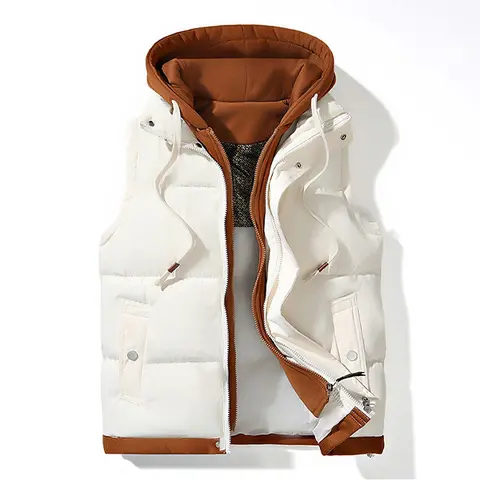 Men's Polyester Puffer Waistcoat Vest - Menswear Quilted Vest, Fitted Sleeveless Plain White Casual Top with Brown Accents, Easy Care, Machine Washable, Stylish