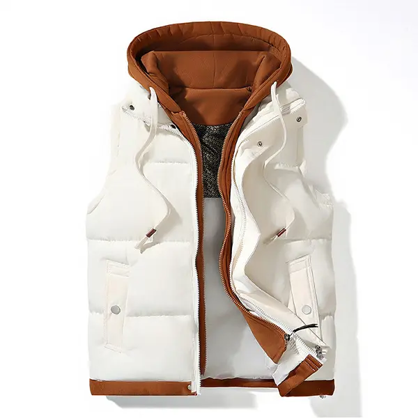 Men's Polyester Puffer Waistcoat Vest - Menswear Quilted Vest, Fitted Sleeveless Plain White Casual Top with Brown Accents, Easy Care, Machine Washable, Stylish