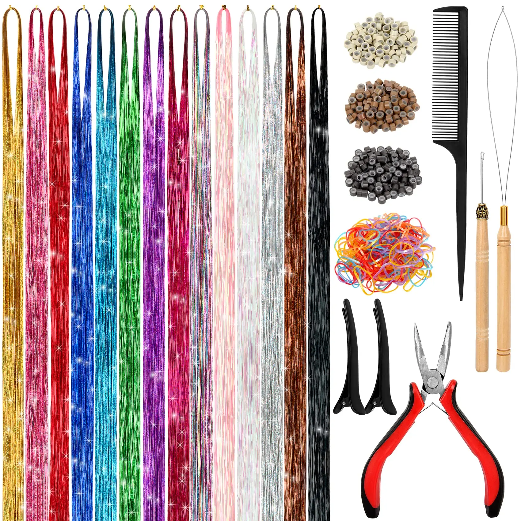 Colorful Heat-Resistant Hair Tinsel Kit with Tools 48 Inches Glitter Tinsel Extensions for Women Girls Kids Festival Dazzle Hair Party Accessories 4th of July Decorations Deals for You Days