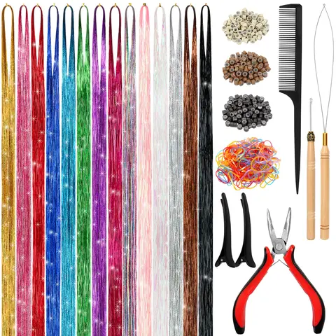 Women's Heat Friendly Synthetic Hair Tinsel Kit, 48in Trimtofit Holographic Multi-Color Glitter Extensions, Heat-Resistant Set with Rubber Bands & Crochet Hook, Salon-Level Shimmer Gifts for Women for Christmas Party