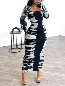 Women's Colorblock Long Dress, Casual Fashion Long Sleeve Dress for Daily Outdoor Wear, Women Dress for Spring