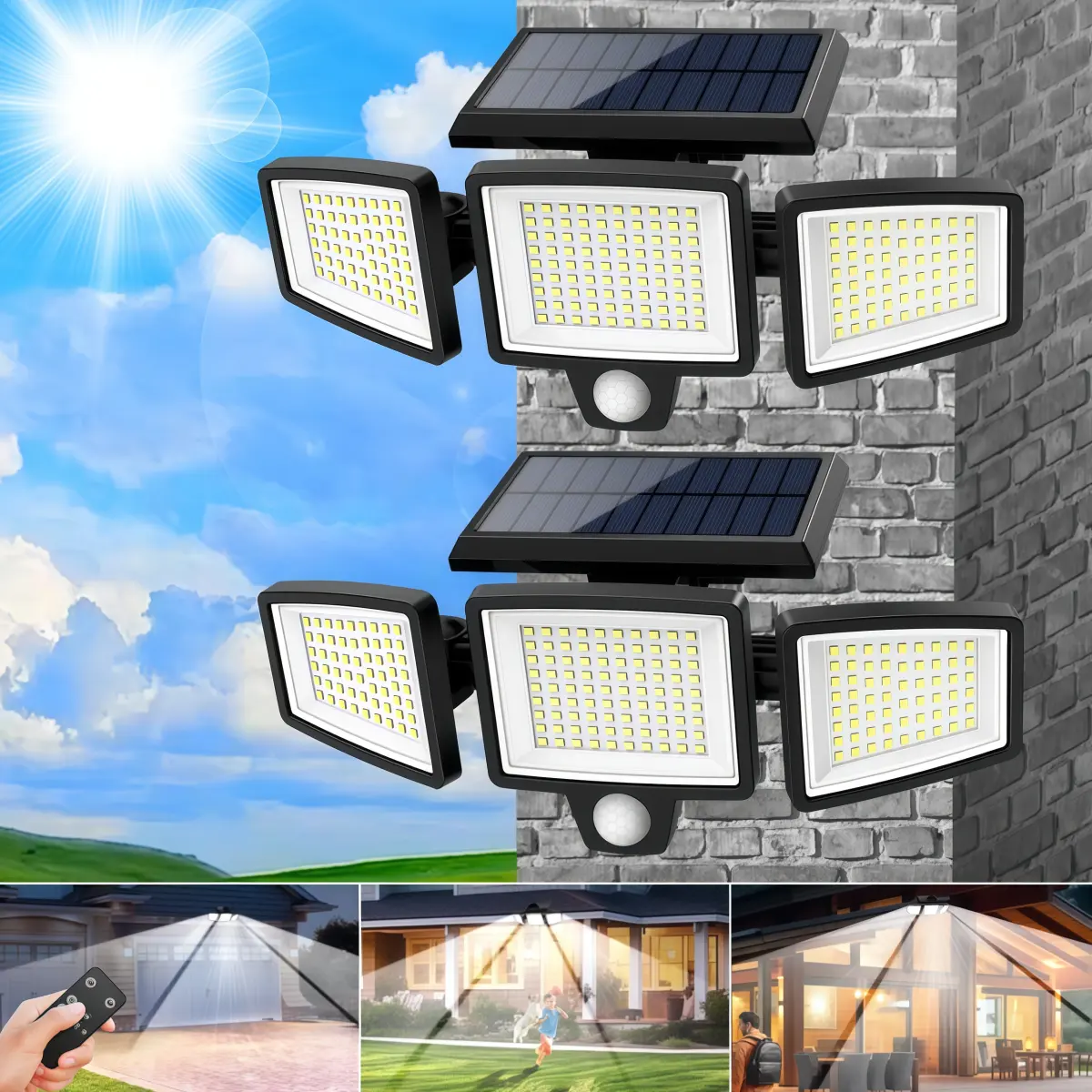 2-Pack Solar Security Wall Lights - 2500LM Ultra-Bright 3 Heads, 3 Modes Dimmable Motion Sensor, 270° Wide-Angle Detection, IP65 Waterproof Wireless Safety Outdoor Lights for Driveway Car Work Use, Outdoor Wall Light