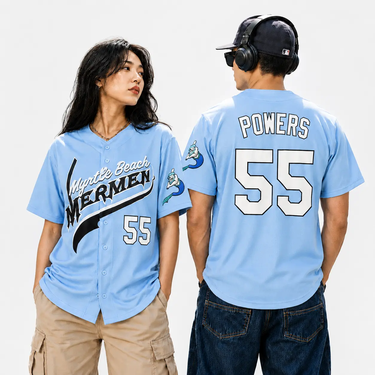 Men's Mermen Baseball Jersey, Number 55 Graphic V-Neck Button Up Shirt, Ocean Fantasy Sports Jersey, Breathable Polyester Mesh Top, Short Sleeve Casual Athletic Wear