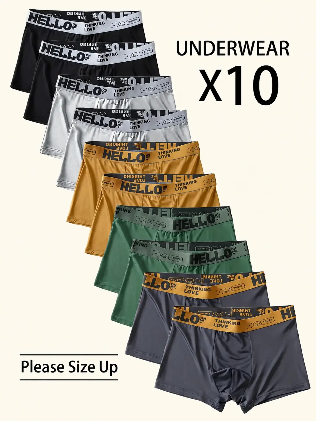 10 Pack  Men's Letter Tape Boxer Briefs (Please Size Up), Soft Comfortable Breathable Underwear for Daily Wear Full Coverage Knickers Casual Men's Underwear for All Seasons
