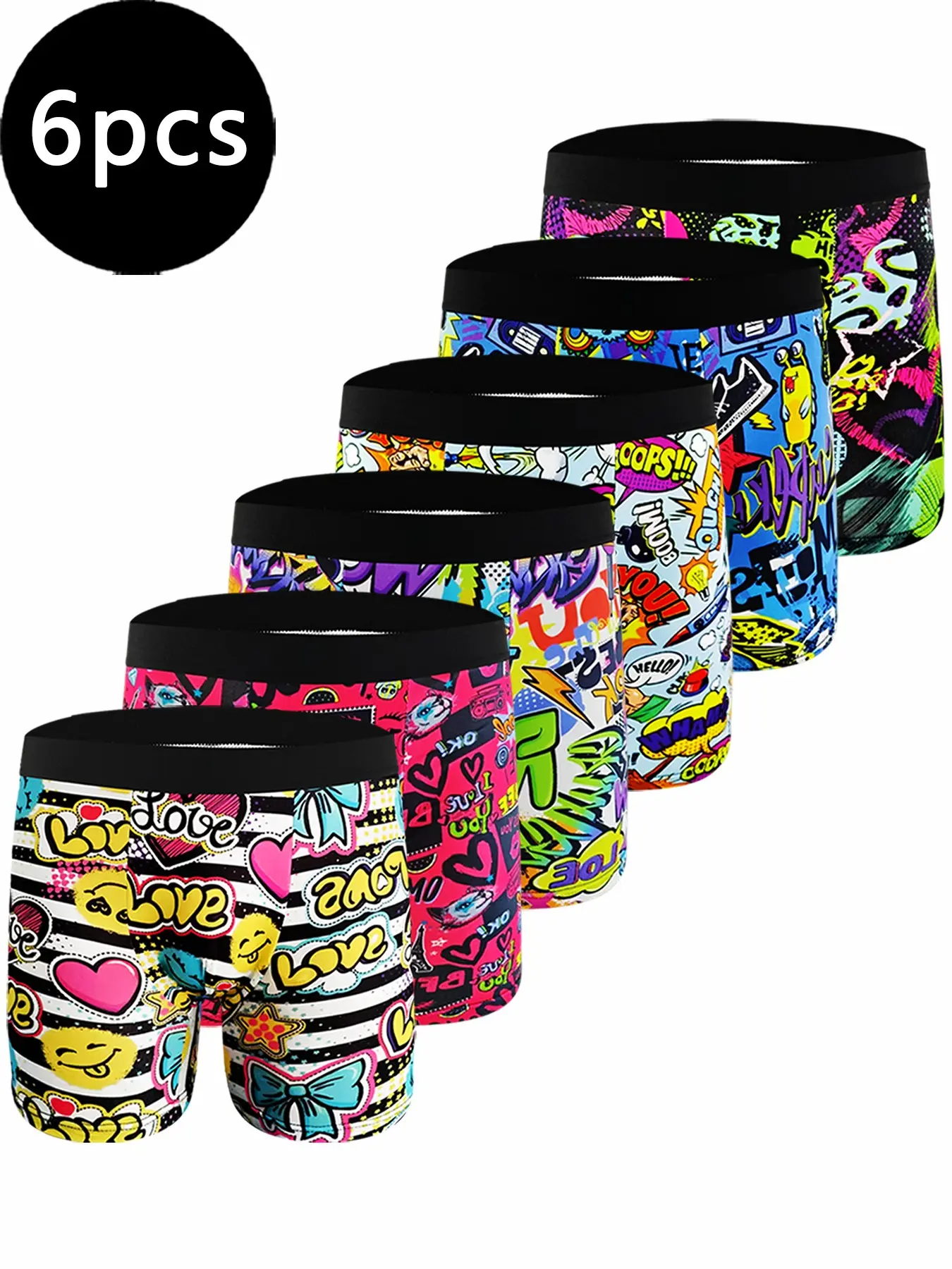 Pack of 6 men's graffiti print boxer briefs, unique four-corner underwear with distinctive style, trendy Streetwear Fashion men's wear, Novelty Boxer Briefs