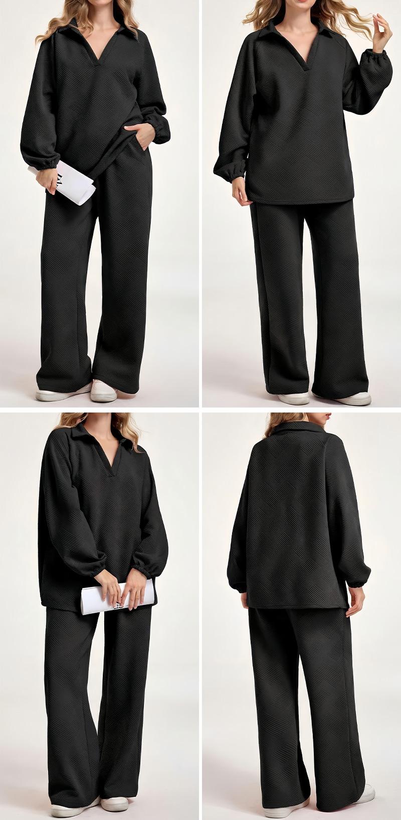 Cozy 2 Piece Jacquard Loungewear Set for Women Oversized V Neck Top & Wide Leg Pants Casual Comfy Sweatsuit for Daily Wear