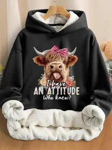 Unisex Hooded Sweatshirt, Fall Winter Cartoon Farm Cow Print, Fleece Lined Thick Long Sleeve, Fashion Casual Daily Wear