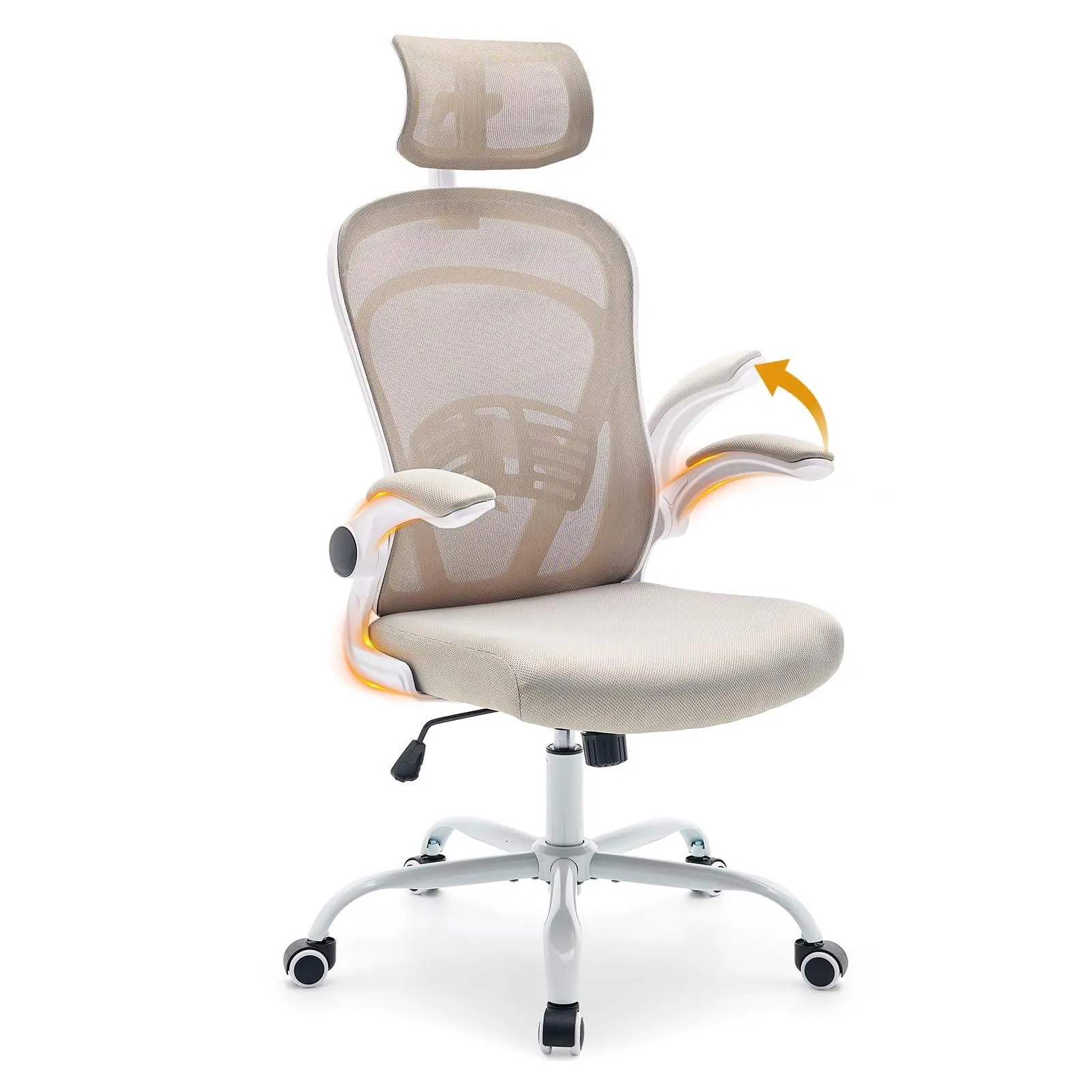 Garvee Ergonomic Office Chair, Computer Desk Chair Comfy with Flip-Up Armrests,Comfortable Lumbar Support Gaming Chairs for Bedroom,Study,Student,Wide Seat,Beige