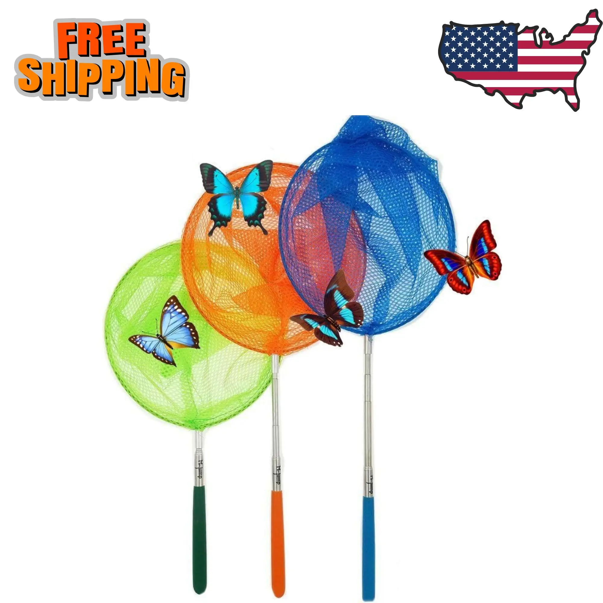 3 Pack Colored Telescopic Butterfly Nets - Great for Catching Insects Bugs Fishing