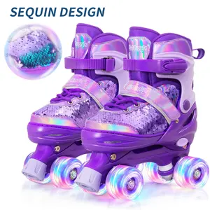 Nattork Kids Quad Roller Skates with Sequin Unique Design, 4 Size Adjustable, All Light Up Wheels, Triple Safety Protection, Beginner Friendly for Boys Girls, Indoor Outdoor, Perfect Birthday Christmas Gift