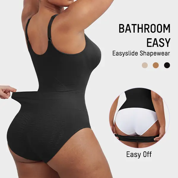SHECURVE Easyslide Shapewear Bodysuit for Women Tummy Control & Butt Lift Faja Seamless Thong Shaper with Bathroom Easy Back Opening Design Deep V Wire-Free Bust Support & Breathable Fabric for Summertime Outfits