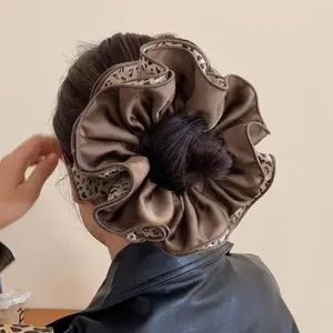 Oversized Leopard Satin Scrunchies for Women(1 Pack), 7.1 Inch 4-Layer Jumbo Hair Ties for Thick Hair, French Vintage Large Scrunchy for Messy Bun and Low Ponytail, Aesthetic Hair Accessories Gift