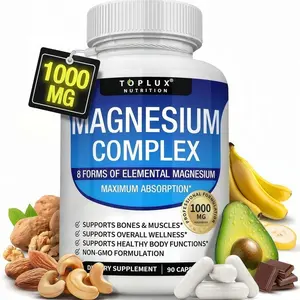 Toplux High-Potency Magnesium Complex Supplement 8Elemental 1000mg - Magnesium Glycinate, Citrate, Malate,Taurate, Chelated for Easy Absorption for Bones, Muscle,Recovery, Energy, Vegan Non-GMO, 90 Capsulesmagnesium complex for women and men Healthcare