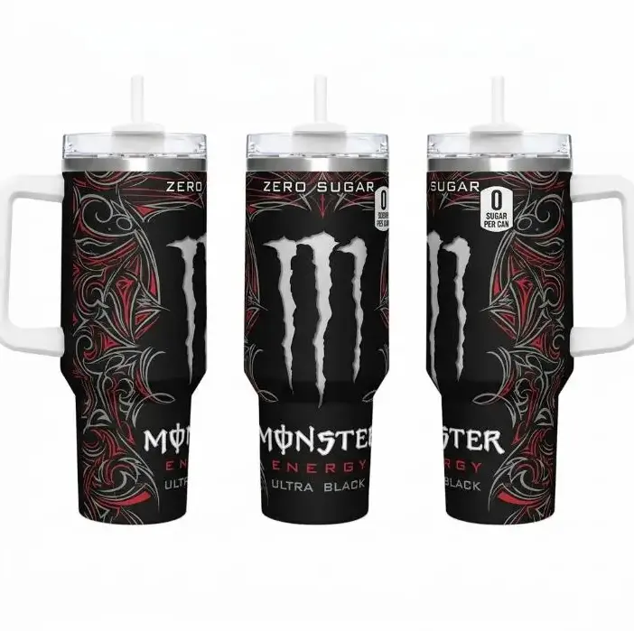 [Gift Box & Straw] 40oz Monst3rs Energy Ultra Black Sugar Stainless Steel Tumbler with Handle, Double Wall Vacuum Insulated Travel Mug, Fits Car Cup Holder, Energy Drink Fan Gift