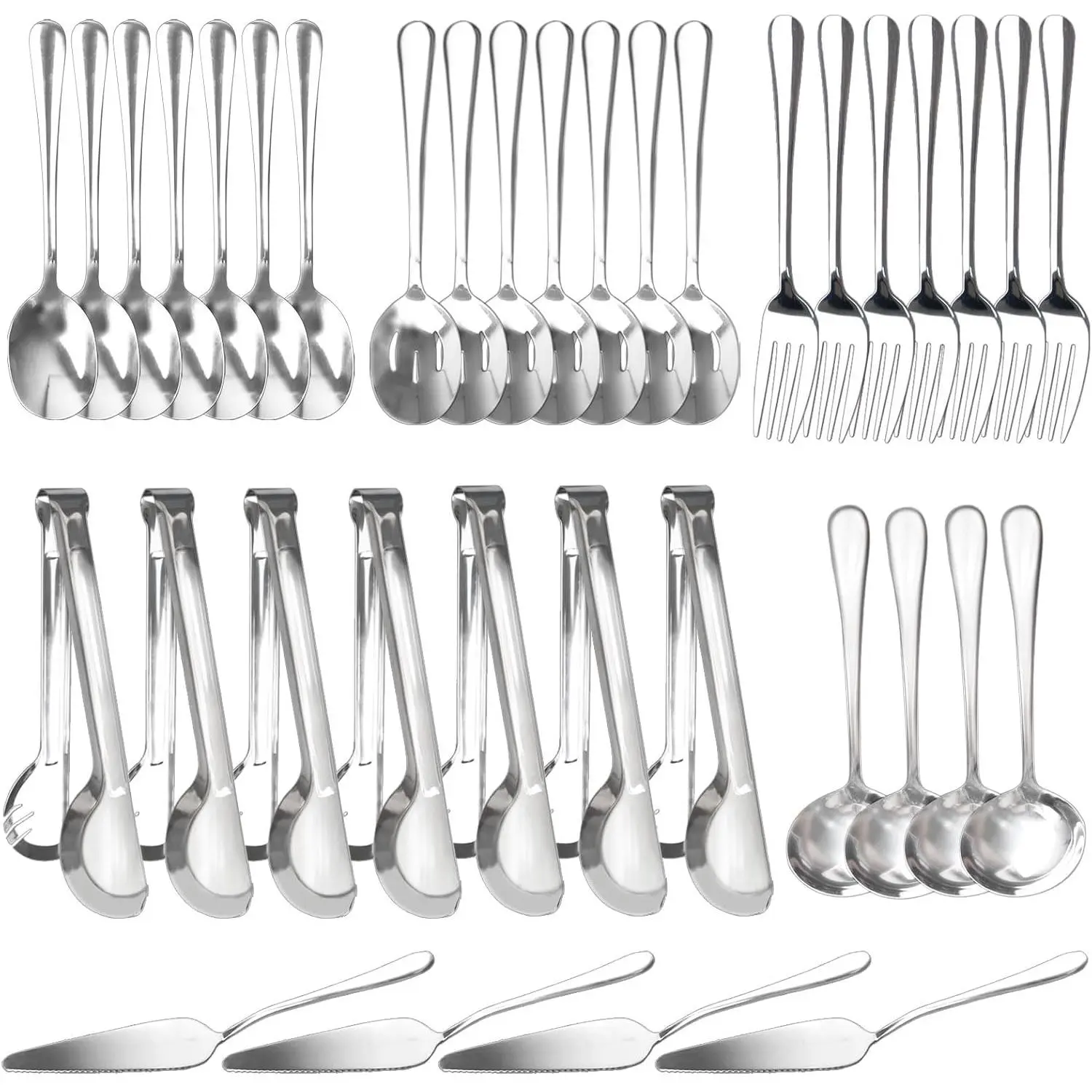 36 Pcs Stainless Steel Serving Utensils Set - Silver Serving Flatware Set Include Large Spoons, Slotted Spoons, Forks, Soup Ladle, Pie Server and Tongs for Kitchen, Buffet, Party Supplies