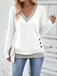 Women's Colorblock V Neck Long Sleeve Button Front Casual Top, Stylish Ladies' Fashion Tee for Daily Wear &