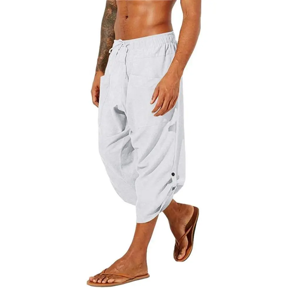 Runcati Menswear Plain Cotton-Linen Trouser, Drawstring 3/4 Harem Capri Shorts for Casual Beach Yoga, Fabric, Clothes