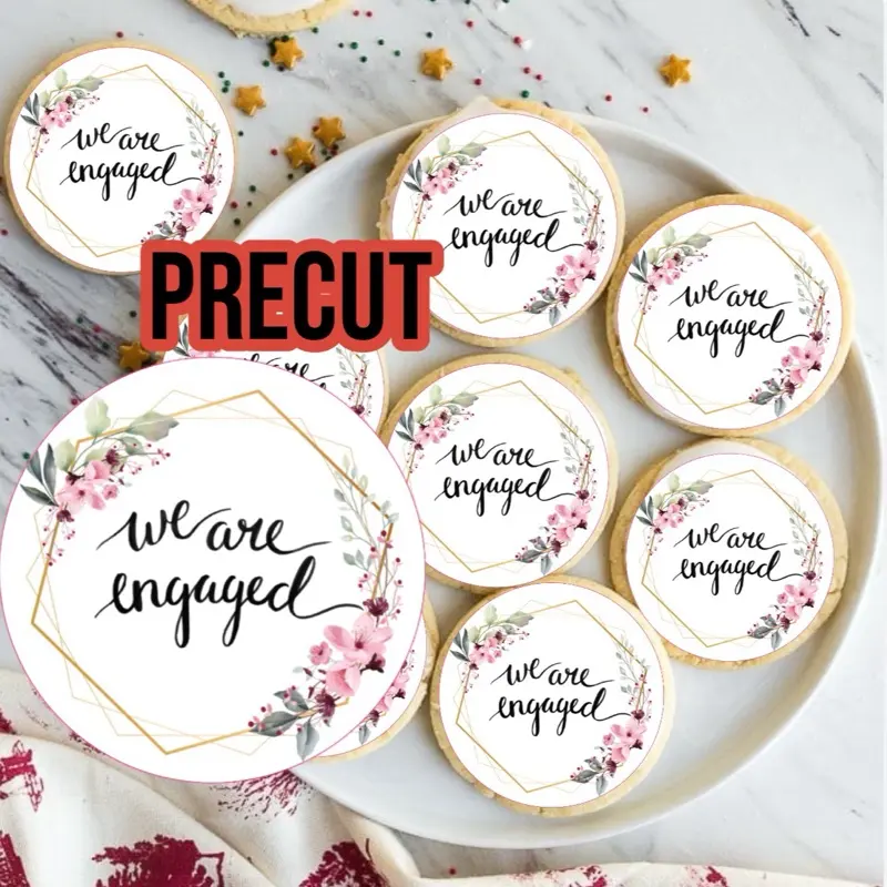 We Are Engaged Edible Cookie Toppers, 2 Inch Pre-cut 12 Circles, Floral Design Icing Sheet, engagement toppers