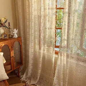 Boho Lace Curtains 84 Inches Long 2 Panels Retro Crocheted Cottagecore Curtains with Tassel for Living Room Rustic Bohemian Farmhouse Drapes for Closet Door Beige/W59 x L84